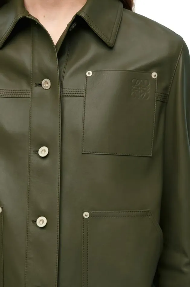 Loewe Workwear Jacket In Nappa Lambskin Khaki Green Women Leather