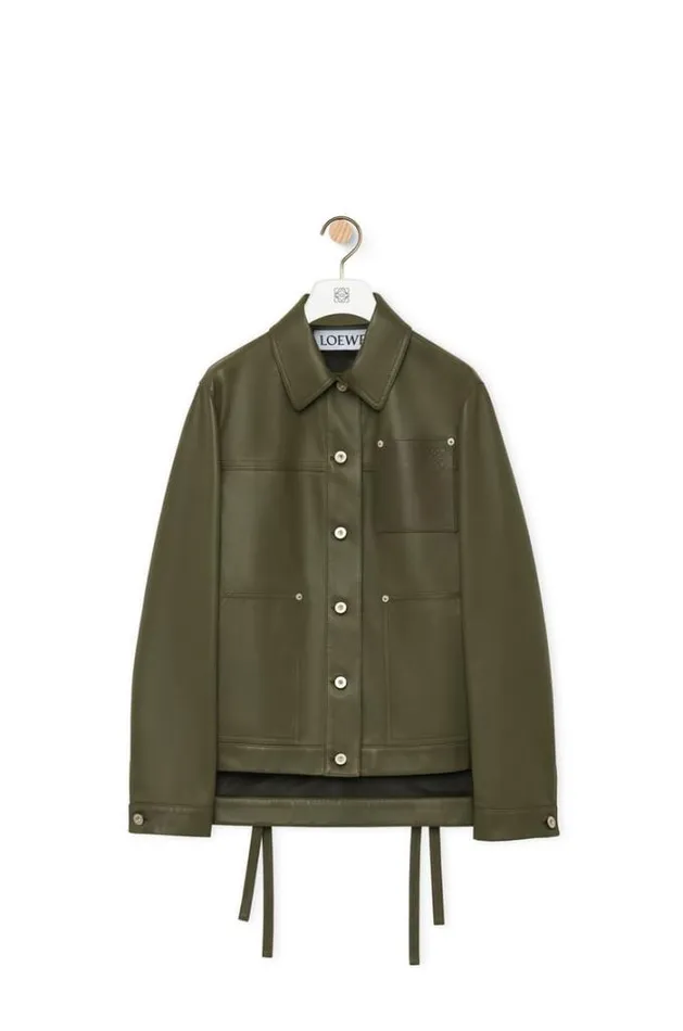 Loewe Workwear Jacket In Nappa Lambskin Khaki Green Women Leather