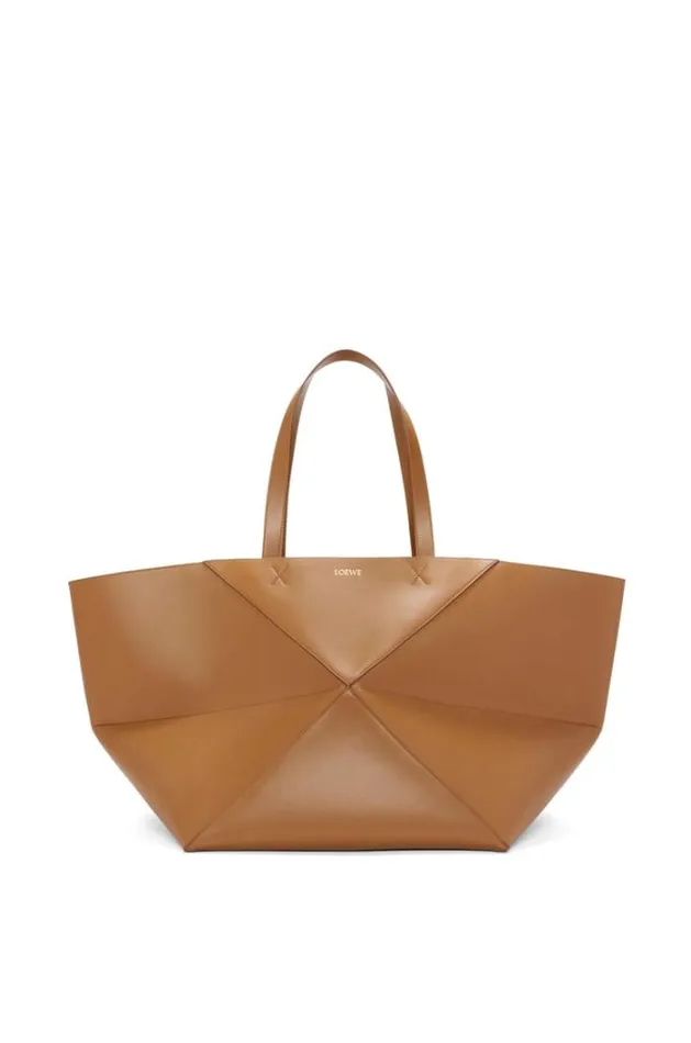 Loewe XL Puzzle Fold Tote In Shiny Calfskin Oak Women Shoulder Bags