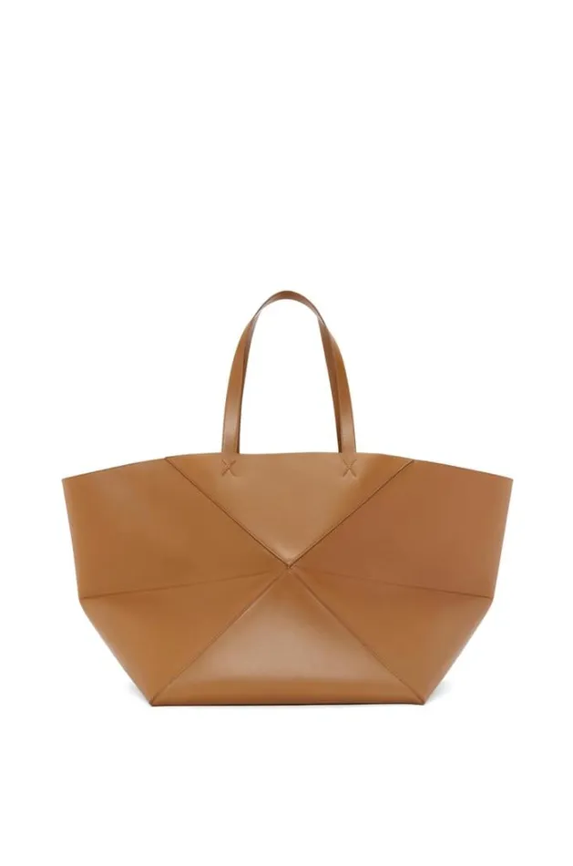 Loewe XL Puzzle Fold Tote In Shiny Calfskin Oak Women Shoulder Bags