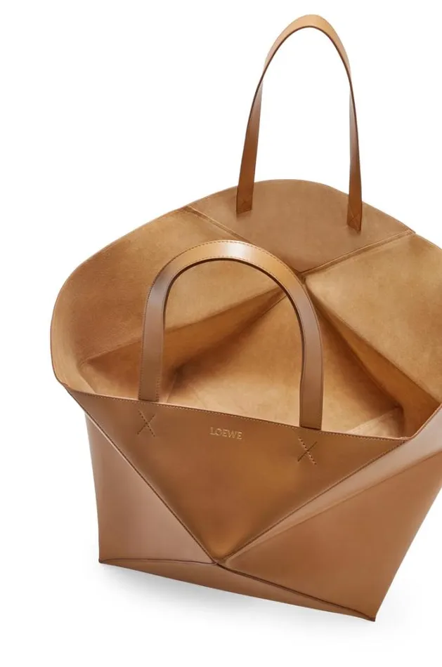 Loewe XL Puzzle Fold Tote In Shiny Calfskin Oak Women Shoulder Bags