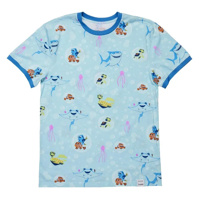 Loungefly Apparel Unisex Finding Nemo 20th Anniversary Bubbles AllOver Print Ringer Tee