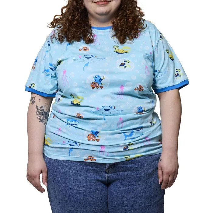Loungefly Apparel Unisex Finding Nemo 20th Anniversary Bubbles AllOver Print Ringer Tee