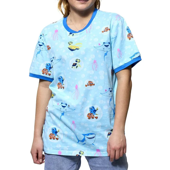 Loungefly Apparel Unisex Finding Nemo 20th Anniversary Bubbles AllOver Print Ringer Tee