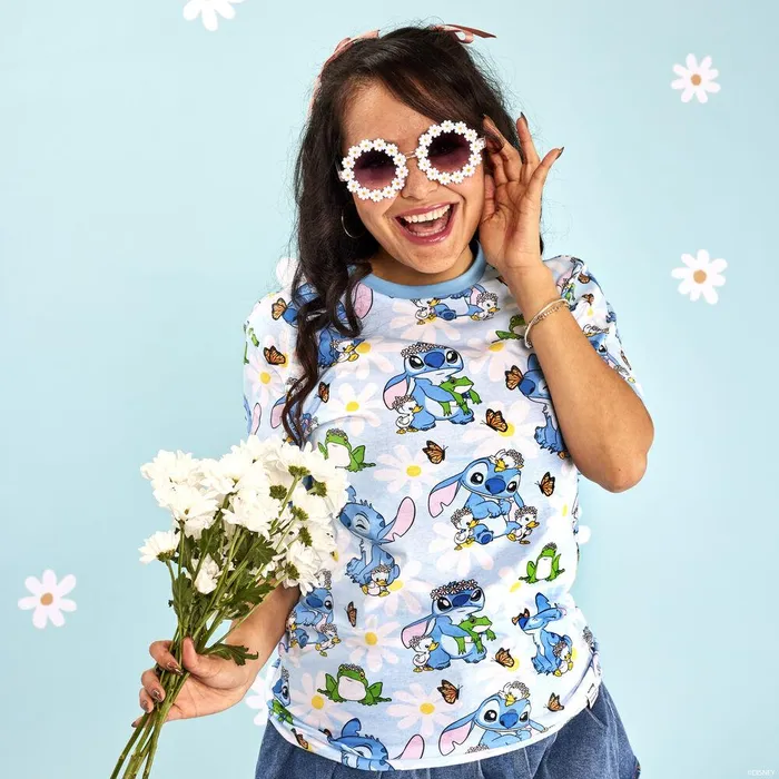 Loungefly Apparel Unisex Stitch Springtime Daisy AllOver Print Tee Loungefly Apparel Unisex Stitch Springtime Daisy AllOver Print Tee
