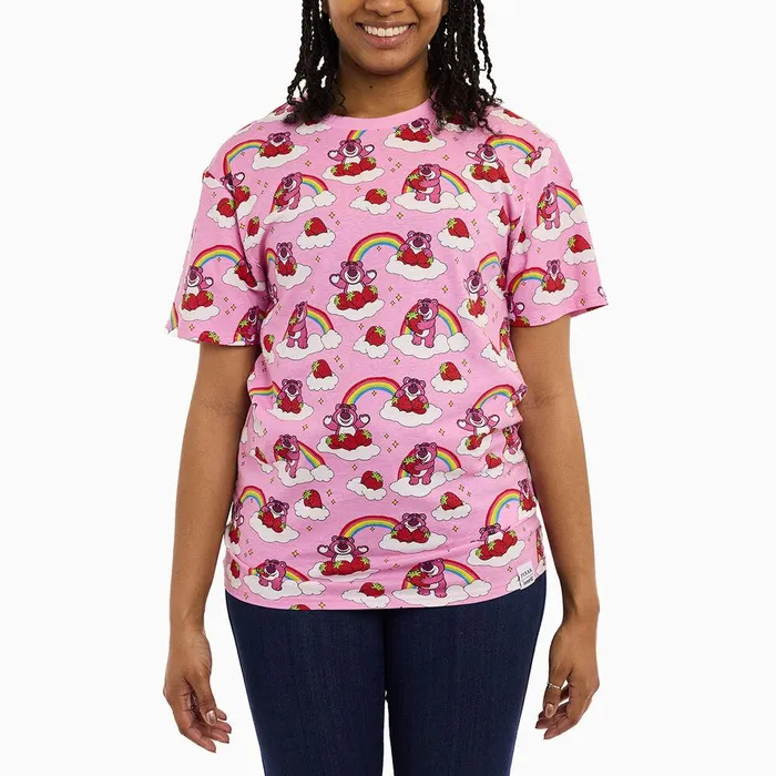 Loungefly Apparel Unisex Toy Story Lotso Rainbow AllOver Print Tee