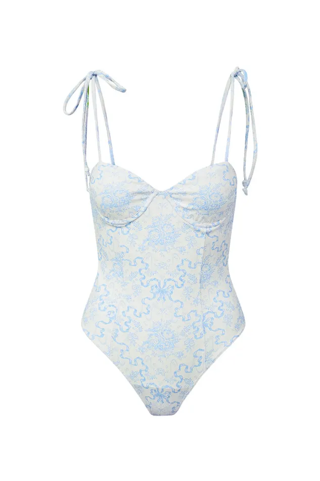 LoveShackFancy Chamomile Bow Print One Piece Swimsuit Blissful Blue Women Swim