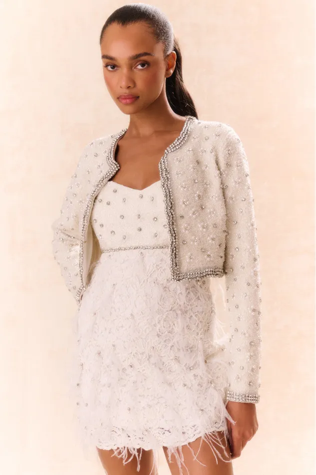 LoveShackFancy Cosmos Beaded Cropped Jacket Cream Women Jackets and Coats