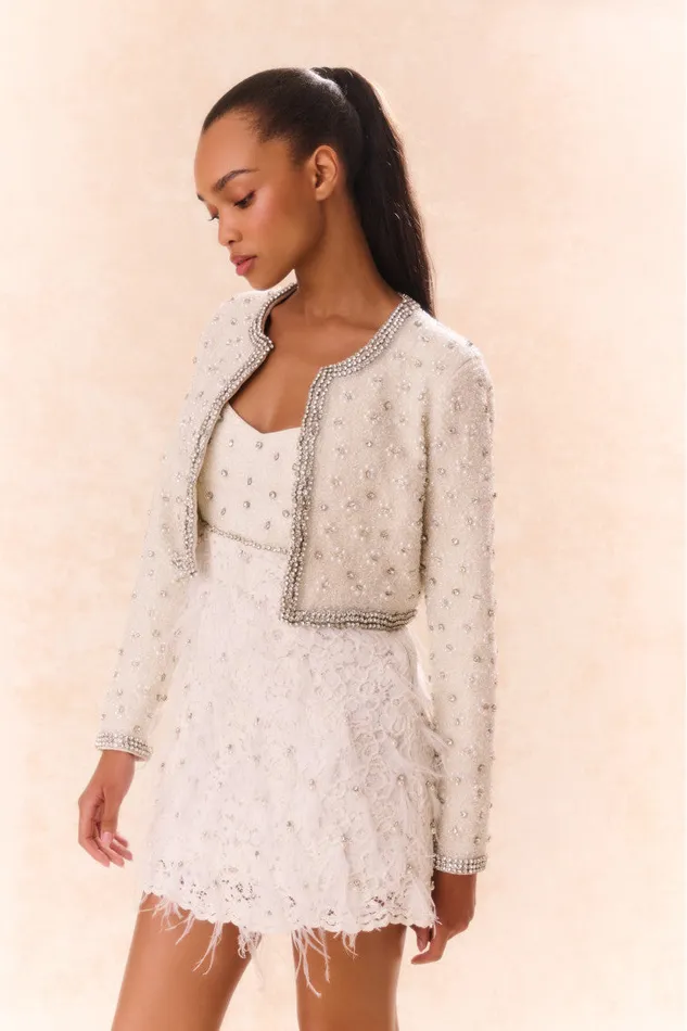 LoveShackFancy Cosmos Beaded Cropped Jacket Cream Women Jackets and Coats