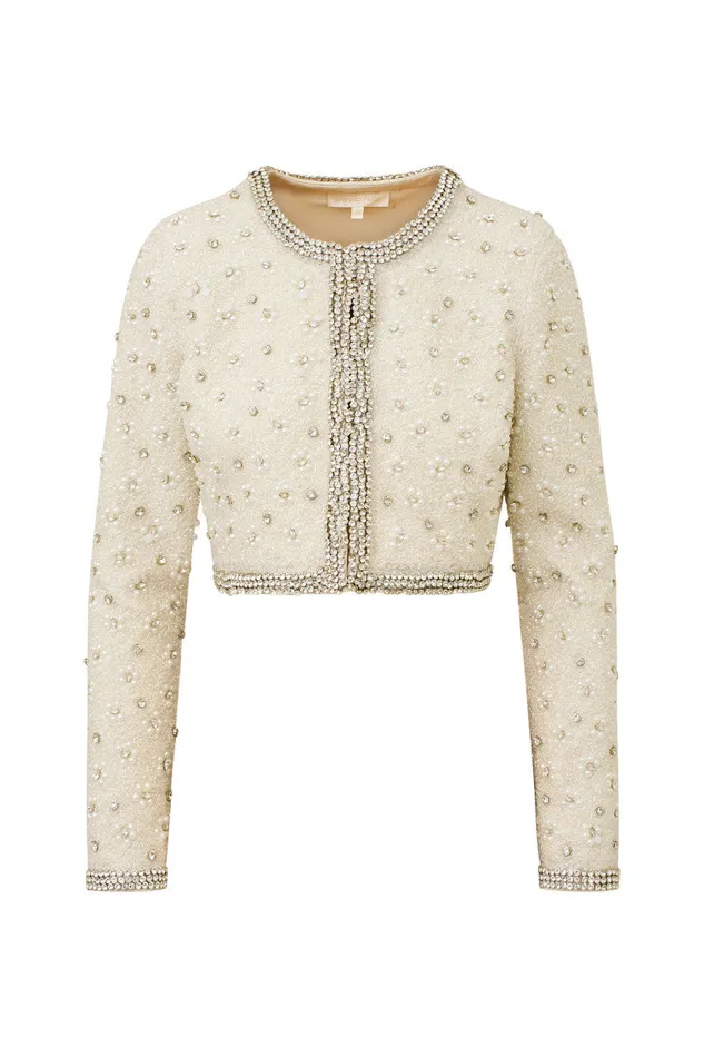 LoveShackFancy Cosmos Beaded Cropped Jacket Cream Women Jackets and Coats