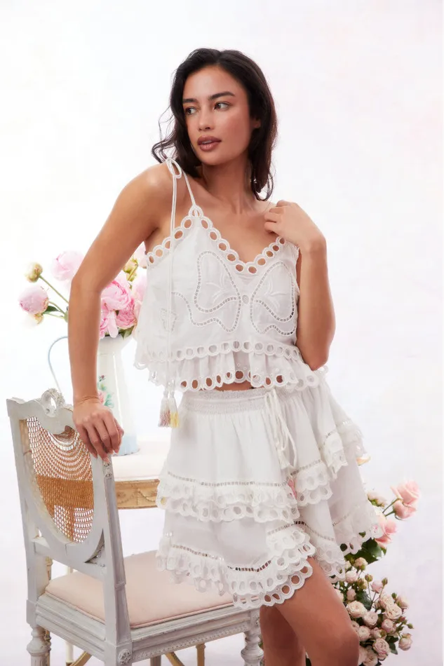 LoveShackFancy Dorene Eyelet Mini Skirt Soft White Women Skirts