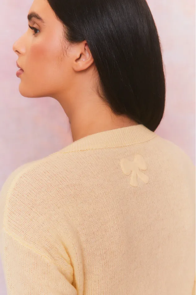 LoveShackFancy Lawrence Yellow Bow Applique Cardigan Buttercup Women Sweaters