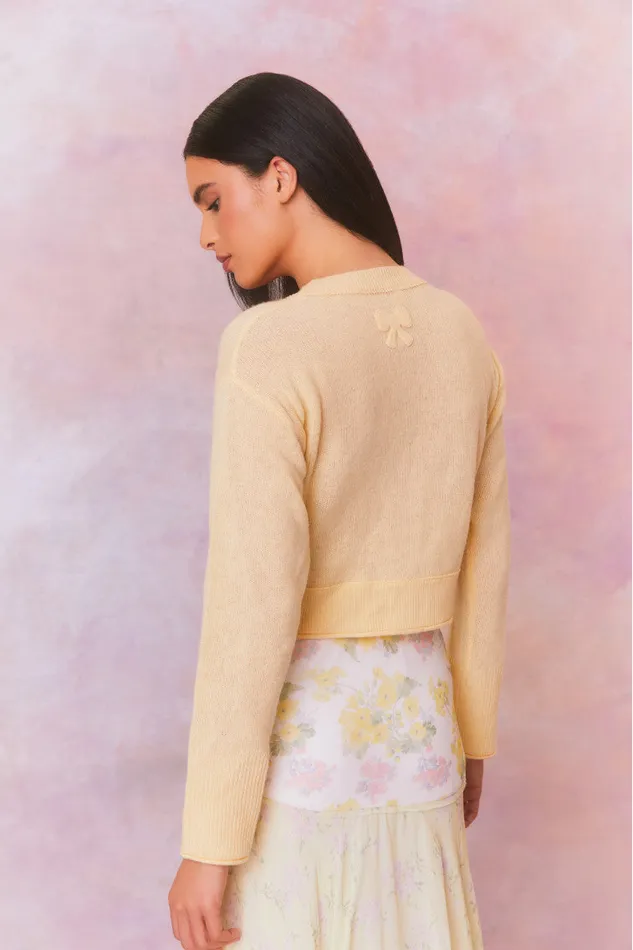 LoveShackFancy Lawrence Yellow Bow Applique Cardigan Buttercup Women Sweaters