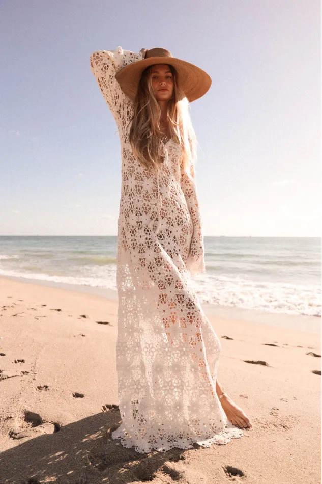 LoveShackFancy Lorne Cotton Crochet Maxi Dress Antique White Women Swim