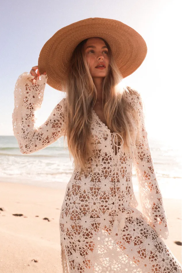 LoveShackFancy Lorne Cotton Crochet Maxi Dress Antique White Women Swim