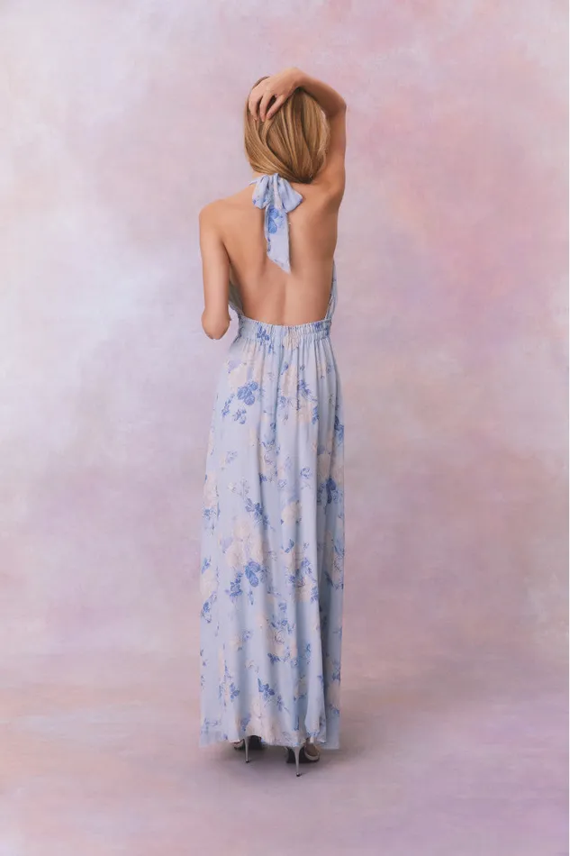 LoveShackFancy Love Fragrance Halter Maxi Dress Whisper Blue Women Dresses