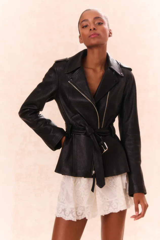 LoveShackFancy Montine Lamb Leather Moto Jacket Black WomenKids Jackets and Coats