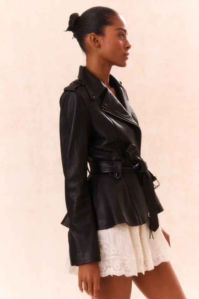 LoveShackFancy Montine Lamb Leather Moto Jacket Black WomenKids Jackets and Coats