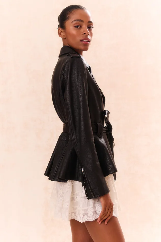 LoveShackFancy Montine Lamb Leather Moto Jacket Black WomenKids Jackets and Coats