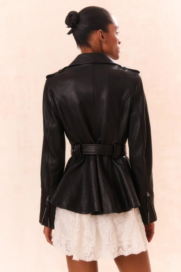 LoveShackFancy Montine Lamb Leather Moto Jacket Black WomenKids Jackets and Coats