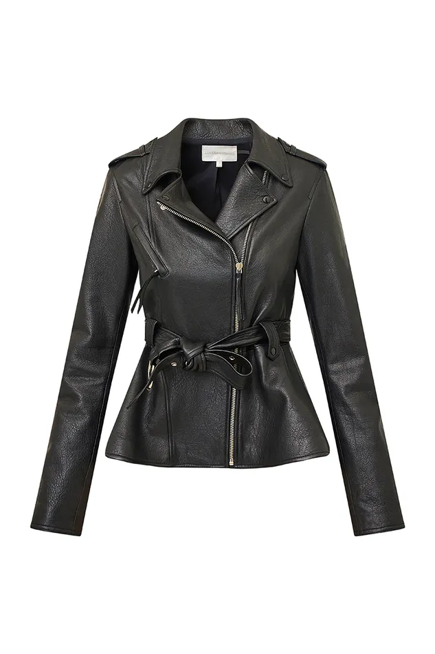 LoveShackFancy Montine Lamb Leather Moto Jacket Black WomenKids Jackets and Coats