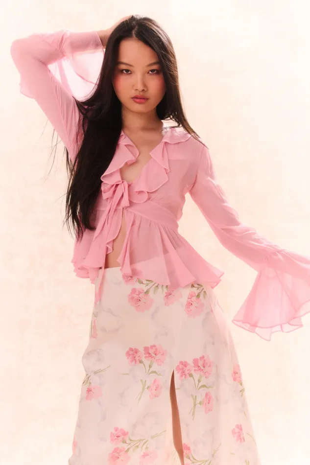LoveShackFancy Ovidia Bell Sleeve Top Pink Women Tops