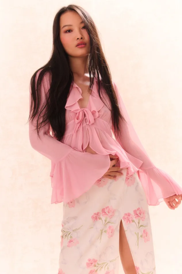 LoveShackFancy Ovidia Bell Sleeve Top Pink Women Tops
