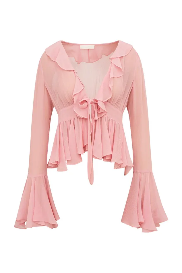 LoveShackFancy Ovidia Bell Sleeve Top Pink Women Tops