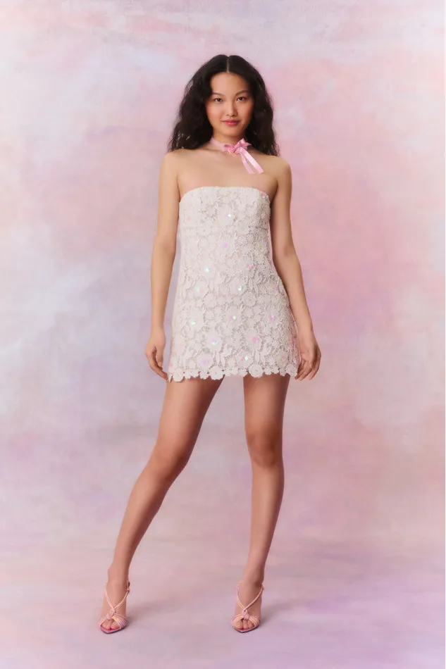 LoveShackFancy Paulinette Iridescent Sequin Mini Dress White Women Dresses