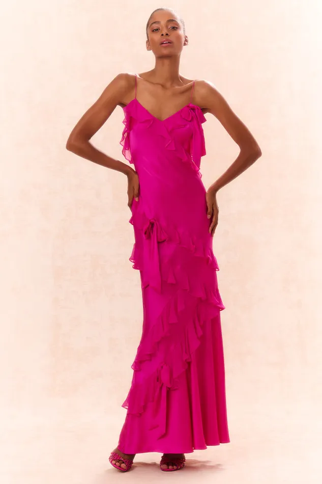 LoveShackFancy Rialto Silk Ruffle Maxi Dress Fuchsia Women Dresses