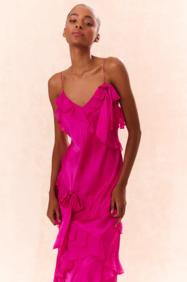 LoveShackFancy Rialto Silk Ruffle Maxi Dress Fuchsia Women Dresses