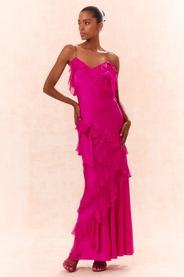 LoveShackFancy Rialto Silk Ruffle Maxi Dress Fuchsia Women Dresses
