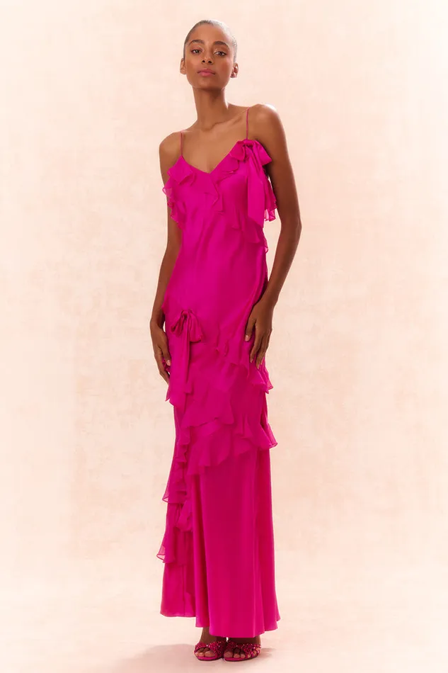 LoveShackFancy Rialto Silk Ruffle Maxi Dress Fuchsia Women Dresses