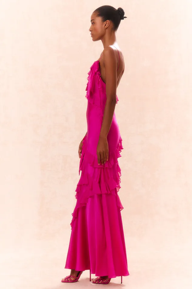 LoveShackFancy Rialto Silk Ruffle Maxi Dress Fuchsia Women Dresses