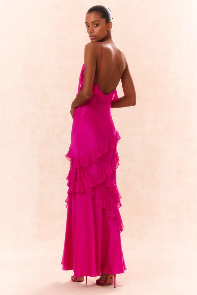 LoveShackFancy Rialto Silk Ruffle Maxi Dress Fuchsia Women Dresses