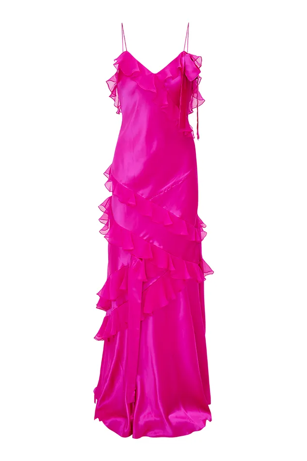 LoveShackFancy Rialto Silk Ruffle Maxi Dress Fuchsia Women Dresses