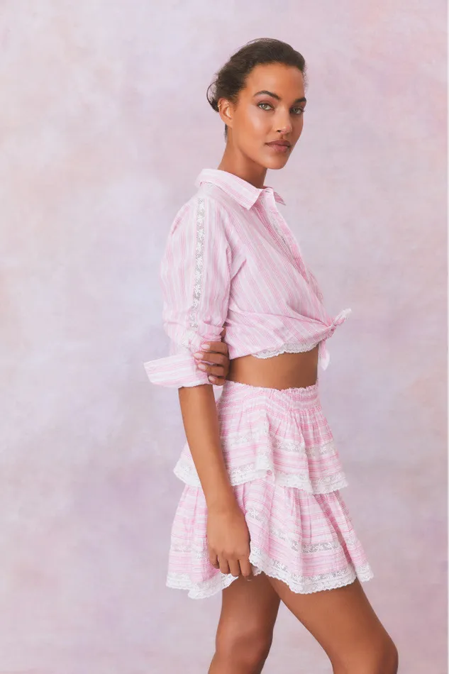 LoveShackFancy Ruffle Mini Stripe Cotton Skirt Captiva Pink WomenKids Skirts LoveShackFancy Ruffle Mini Stripe Cotton Skirt Captiva Pink WomenKids Skirts