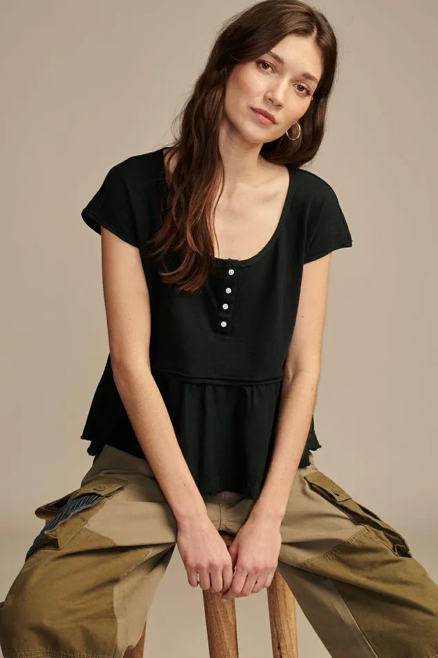 Lucky Brand All Tops Fabric Mix Short Sleeve Henley Jet Black 8211 Women