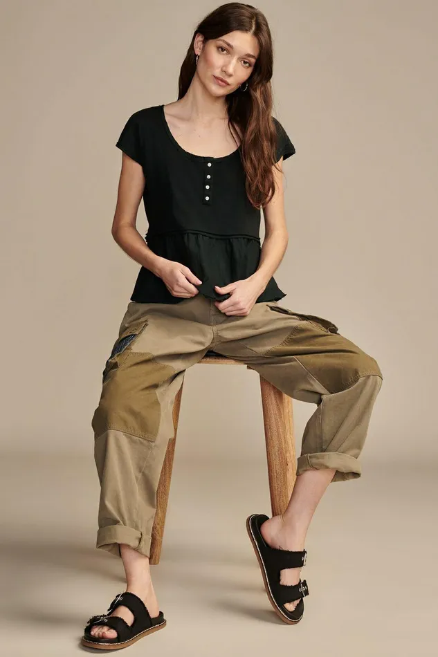 Lucky Brand All Tops Fabric Mix Short Sleeve Henley Jet Black 8211 Women