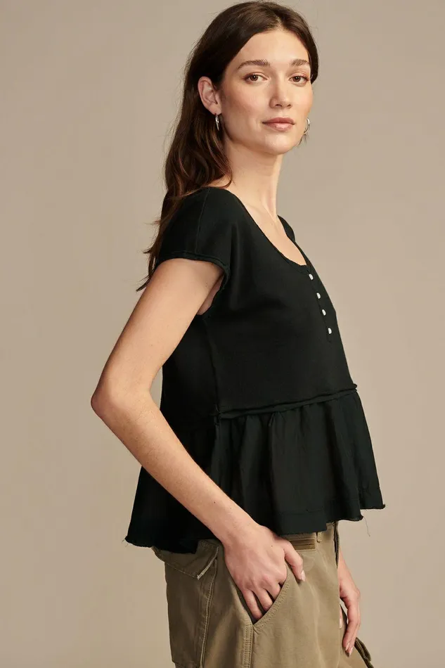 Lucky Brand All Tops Fabric Mix Short Sleeve Henley Jet Black 8211 Women