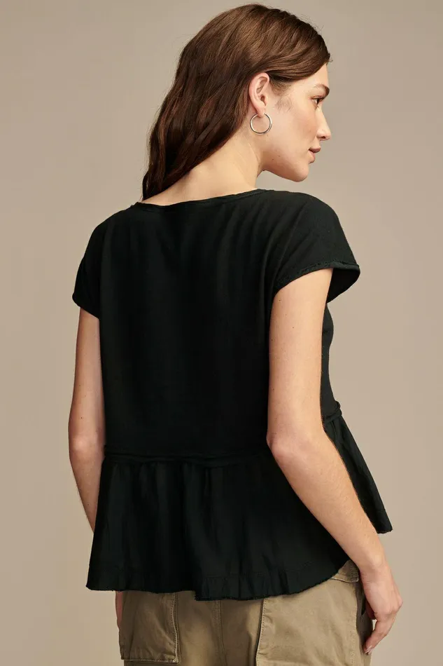 Lucky Brand All Tops Fabric Mix Short Sleeve Henley Jet Black 8211 Women