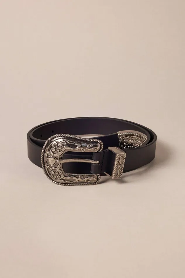 Lucky Brand Belts Rope Engraved Western Buckle Leather Belt Black 8211 Women