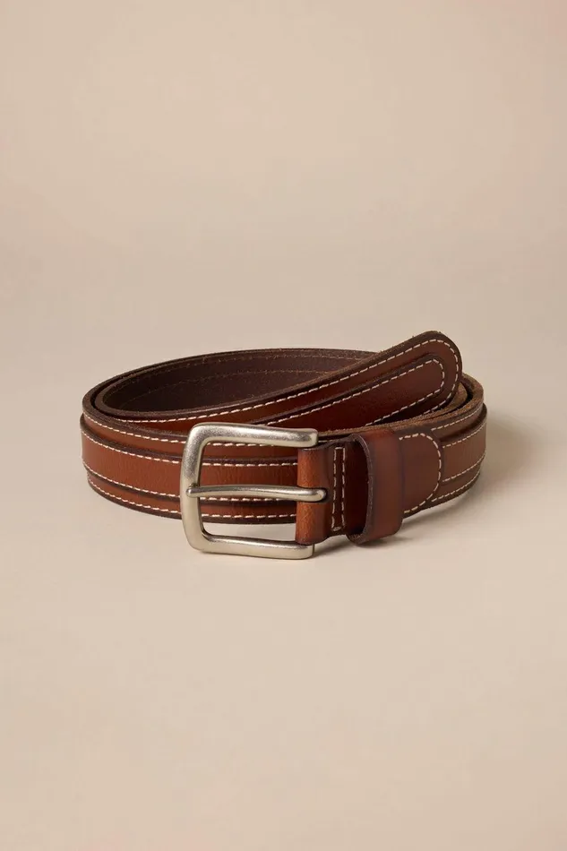 Lucky Brand Belts Striped Stitch Leather Belt Tan 8211 Men