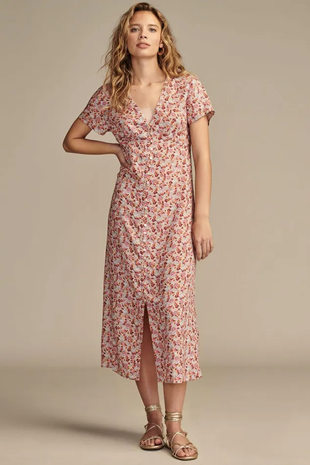 Lucky Brand Dresses Print Short Sleeve Button Front Midi Dress Autumn Glaze Multi 8211 Women