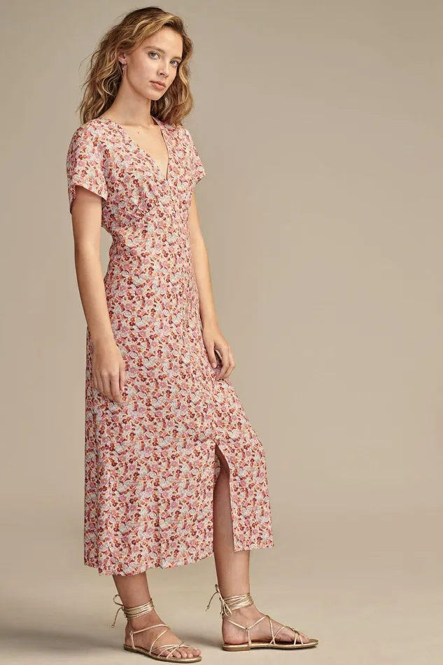 Lucky Brand Dresses Print Short Sleeve Button Front Midi Dress Autumn Glaze Multi 8211 Women