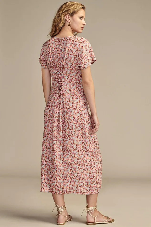 Lucky Brand Dresses Print Short Sleeve Button Front Midi Dress Autumn Glaze Multi 8211 Women