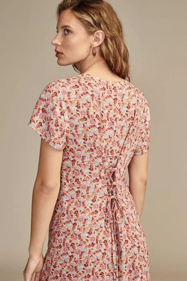 Lucky Brand Dresses Print Short Sleeve Button Front Midi Dress Autumn Glaze Multi 8211 Women