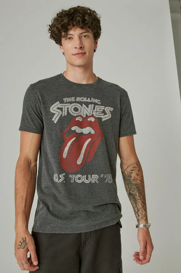 Lucky Brand Graphic Tees Rolling Stones Vintage Washed Tour Tee Jet Black 8211 Men