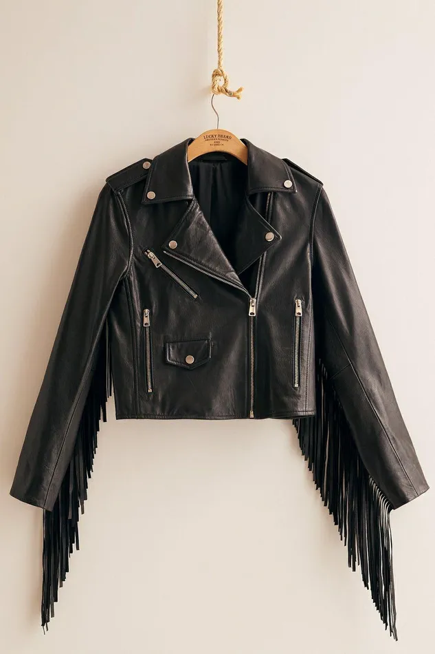 Lucky Brand Jackets and Outerwear Lucky Leather Fringe Biker Jacket Black 8211 Women