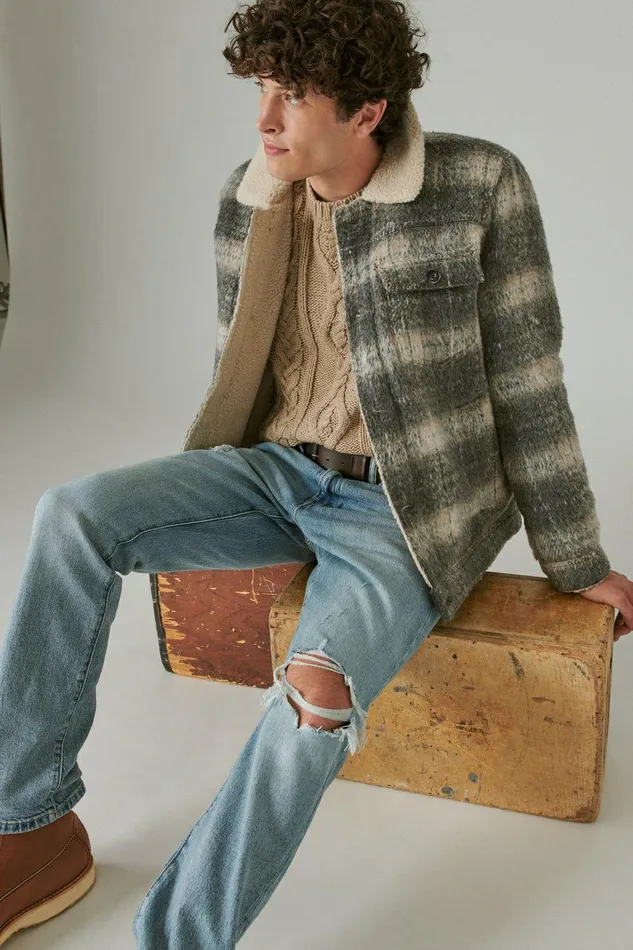 Lucky Brand Jackets and Outerwear Plaid Faux Shearling Lined Trucker Jacket Grey Plaid 8211 Men